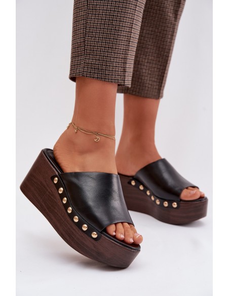 Women's Platform Wedges with Gold Buckles Black Farinelle