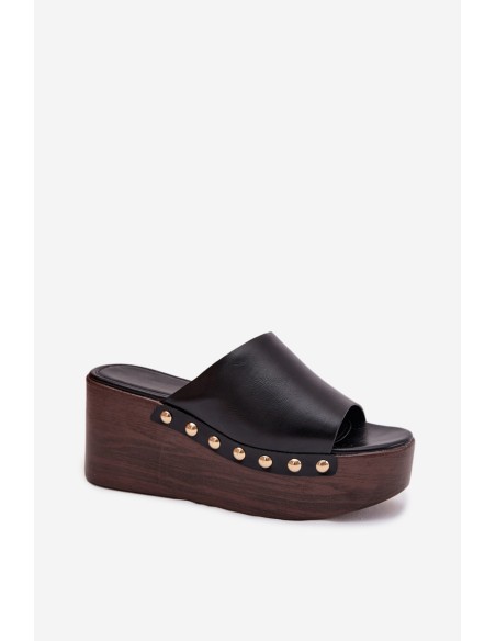 Women's Platform Wedges with Gold Buckles Black Farinelle
