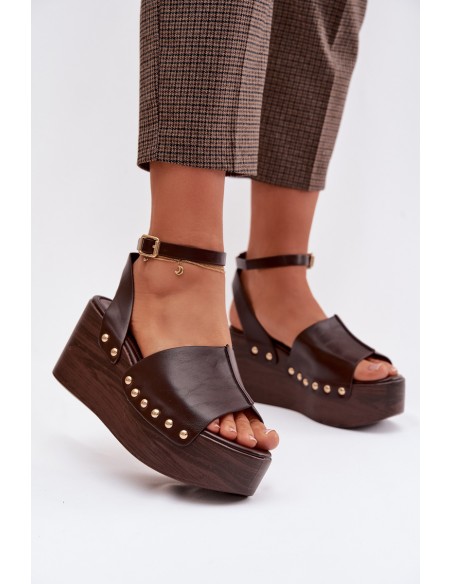Women's Platform Sandals With Gold Buckles Chocolate Galorina