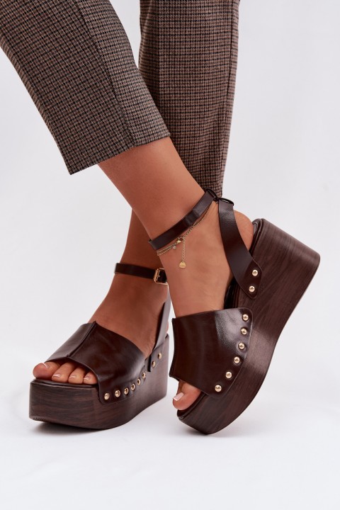 Women's Platform Sandals With Gold Buckles Chocolate Galorina