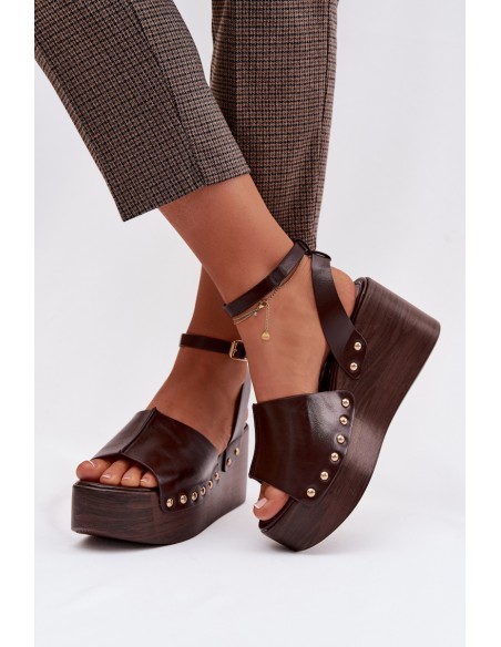 Women's Platform Sandals With Gold Buckles Chocolate Galorina