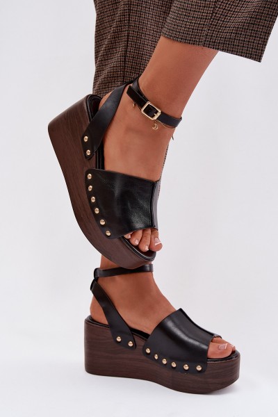Women's Platform Sandals With Gold Buckles Black Galorina
