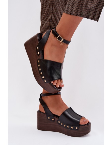 Women's Platform Sandals With Gold Buckles Black Galorina