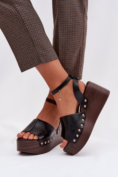 Women's Platform Sandals With Gold Buckles Black Galorina