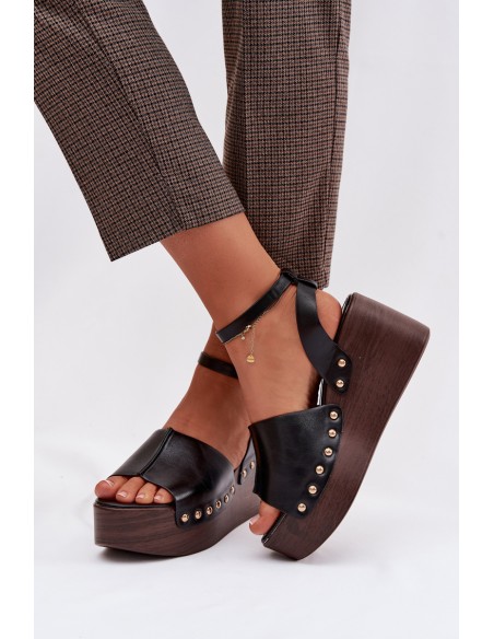 Women's Platform Sandals With Gold Buckles Black Galorina