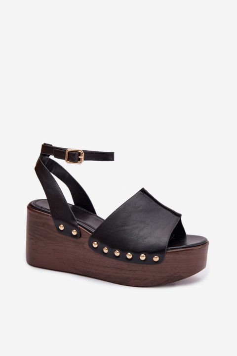Women's Platform Sandals With Gold Buckles Black Galorina