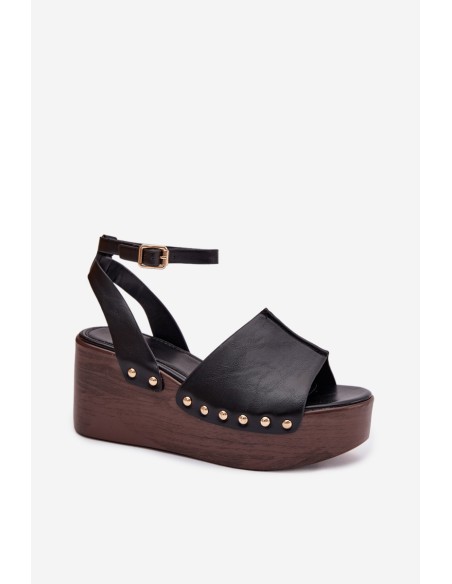 Women's Platform Sandals With Gold Buckles Black Galorina