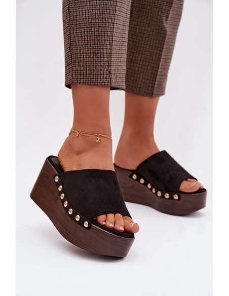 Women's Platform Sandals With Gold Buckles Eco Suede Black Helivina