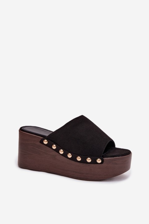 Women's Platform Sandals With Gold Buckles Eco Suede Black Helivina