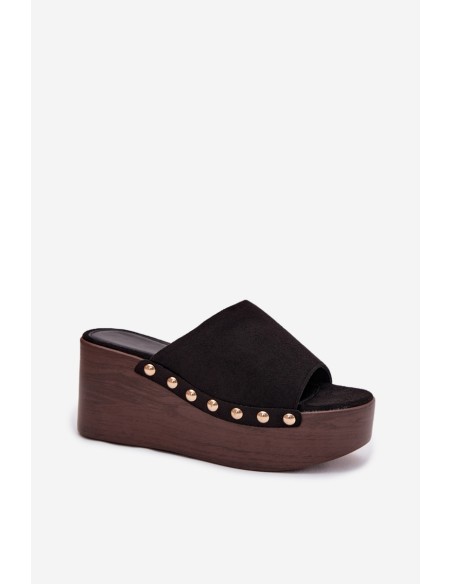 Women's Platform Sandals With Gold Buckles Eco Suede Black Helivina