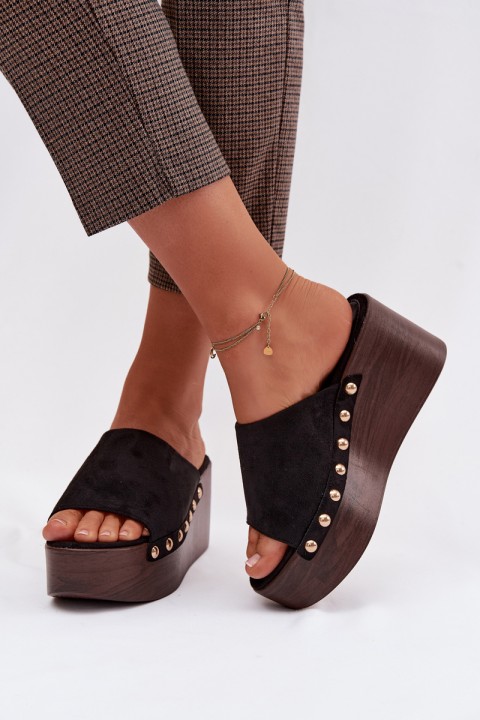 Women's Platform Sandals With Gold Buckles Eco Suede Black Helivina