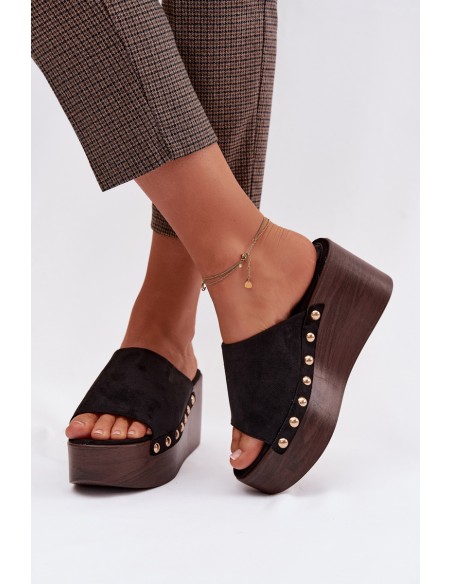 Women's Platform Sandals With Gold Buckles Eco Suede Black Helivina