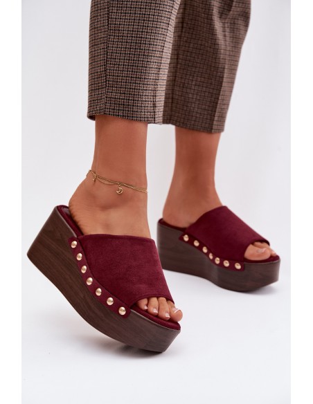 Women's Platform Slides With Gold Buckles Eco Suede Bordeaux Helivina
