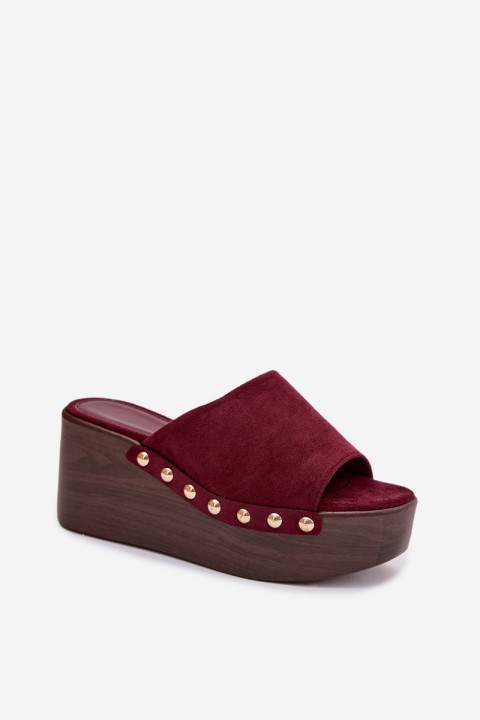 Women's Platform Slides With Gold Buckles Eco Suede Bordeaux Helivina