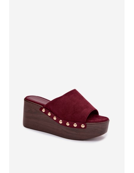 Women's Platform Slides With Gold Buckles Eco Suede Bordeaux Helivina