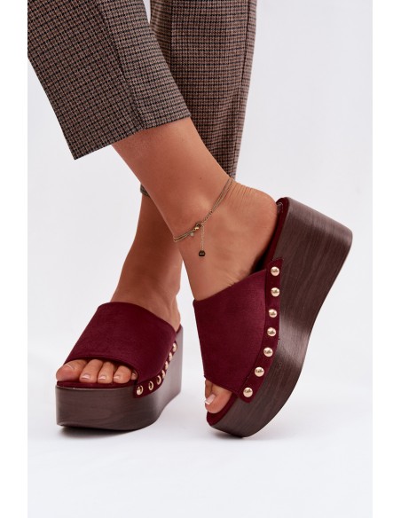 Women's Platform Slides With Gold Buckles Eco Suede Bordeaux Helivina