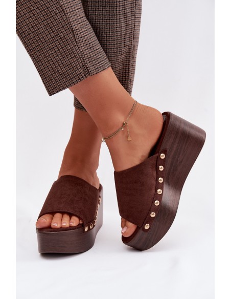 Women's Platform Sandals With Gold Buckles Eco Suede Brown Helivina