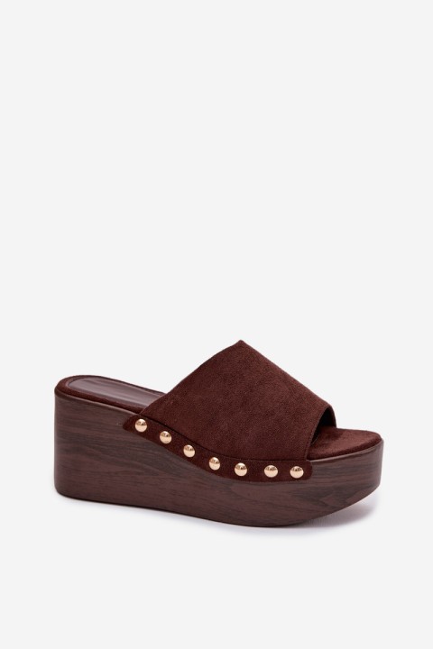 Women's Platform Sandals With Gold Buckles Eco Suede Brown Helivina