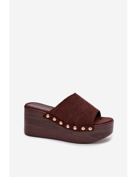 Women's Platform Sandals With Gold Buckles Eco Suede Brown Helivina