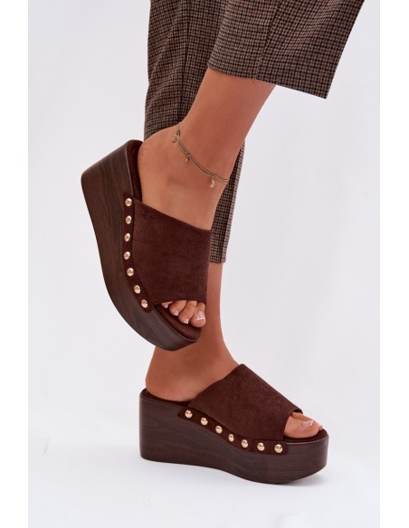 Women's Platform Sandals With Gold Buckles Eco Suede Brown Helivina