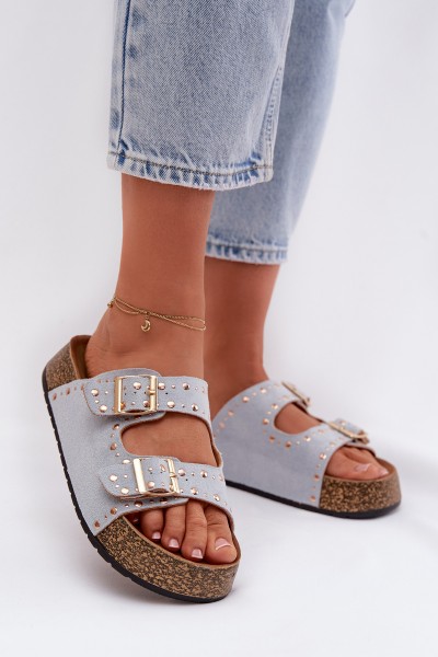 Women's Blue Flat Sandals With Gold Clips And Buckles Tervina