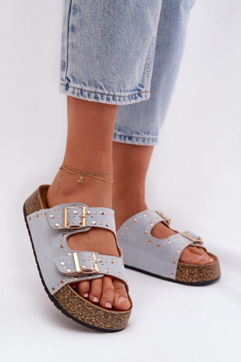 Women's Blue Flat Sandals With Gold Clips And Buckles Tervina