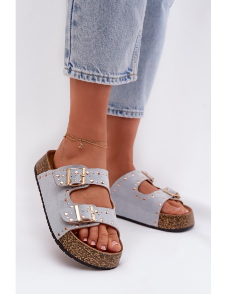 Women's Blue Flat Sandals With Gold Clips And Buckles Tervina