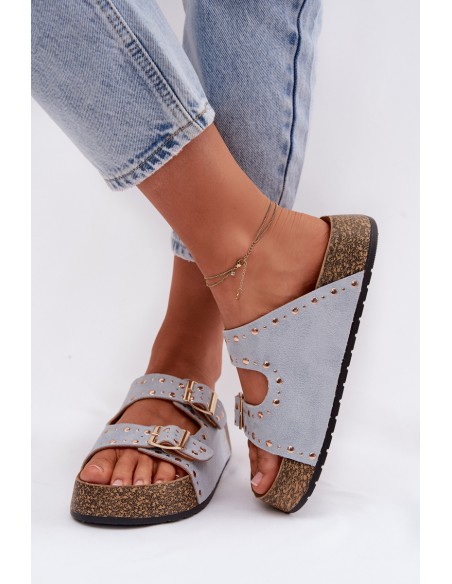 Women's Blue Flat Sandals With Gold Clips And Buckles Tervina