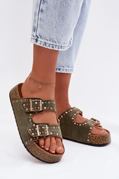 Women's Flat Dark Green Tervina Slippers With Gold Clips and Rivets