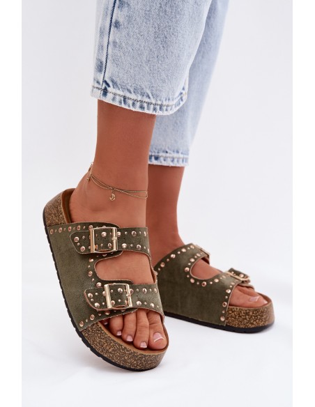 Women's Flat Dark Green Tervina Slippers With Gold Clips and Rivets