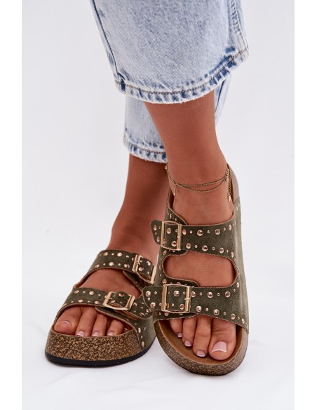 Women's Flat Dark Green Tervina Slippers With Gold Clips and Rivets