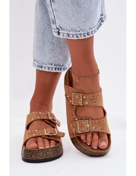 Women's Flat Yellow Slides With Gold Clips And Rivets Camel Tervina