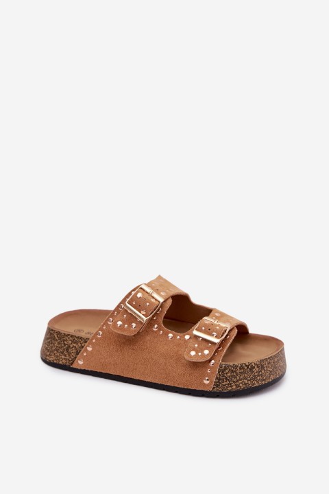 Women's Flat Yellow Slides With Gold Clips And Rivets Camel Tervina