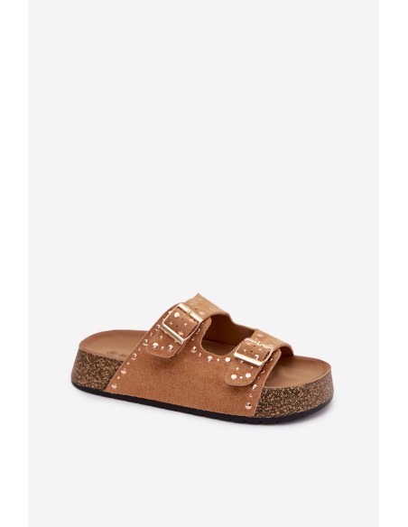 Women's Flat Yellow Slides With Gold Clips And Rivets Camel Tervina