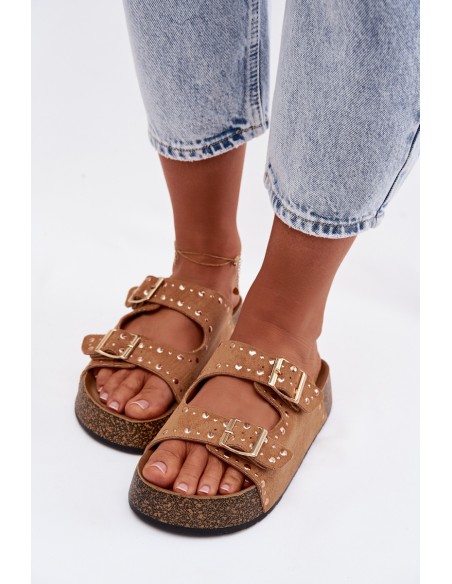 Women's Flat Yellow Slides With Gold Clips And Rivets Camel Tervina