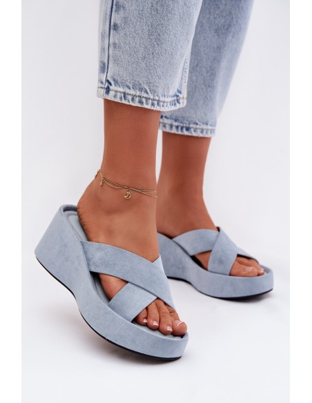 Women's Platform Slippers Made of Eco Suede Blue Calorine