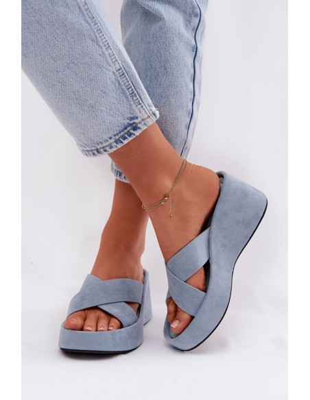 Women's Platform Slippers Made of Eco Suede Blue Calorine