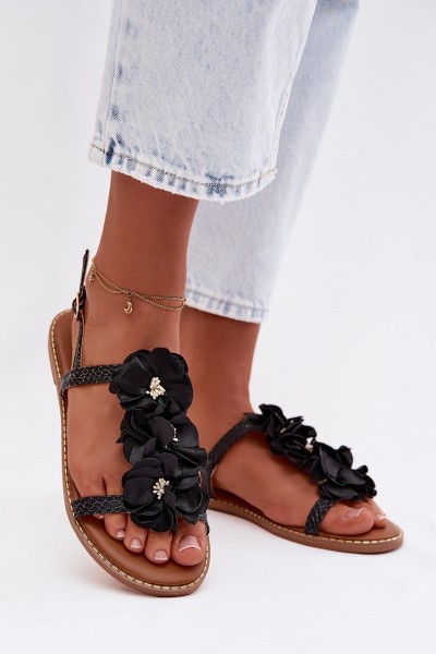 Women's Flat Sandals With Decorative Flowers Black Noemia
