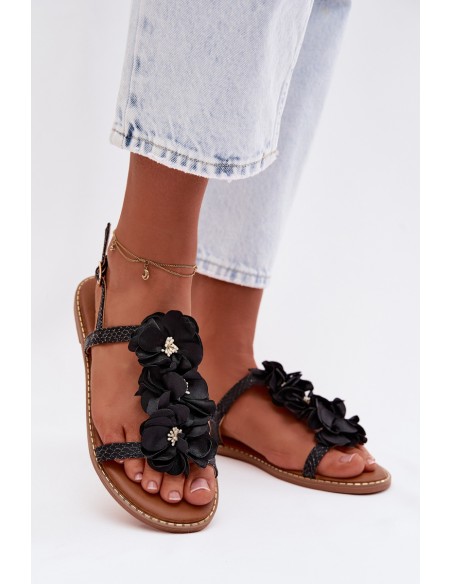 Women's Flat Sandals With Decorative Flowers Black Noemia