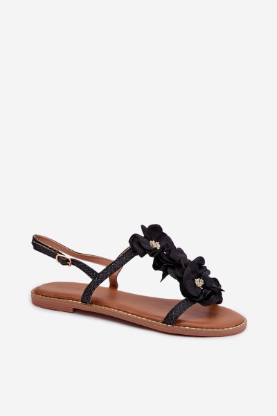 Women's Flat Sandals With Decorative Flowers Black Noemia 2
