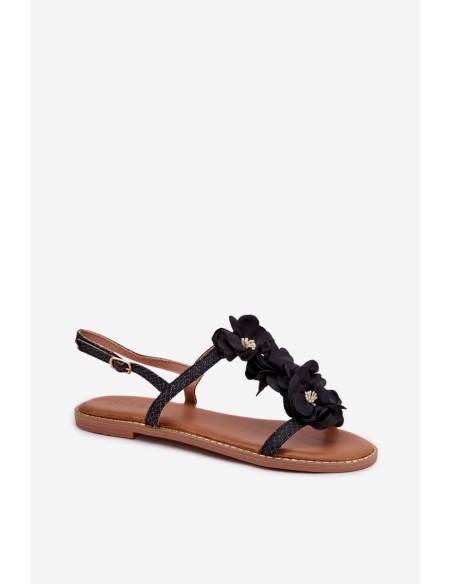 Women's Flat Sandals With Decorative Flowers Black Noemia