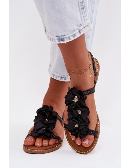 Women's Flat Sandals With Decorative Flowers Black Noemia