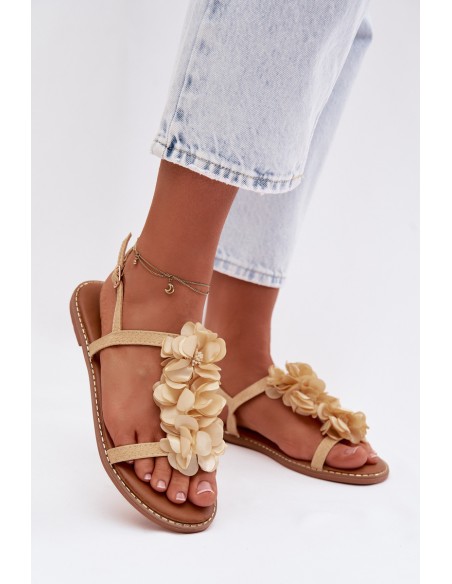 Women's Flat Sandals With Decorative Flowers Gold Noemia