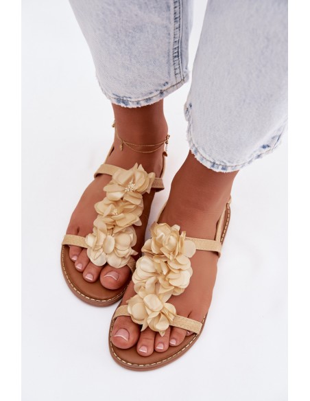 Women's Flat Sandals With Decorative Flowers Gold Noemia