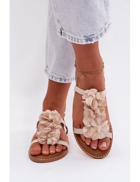 Women's Flat Sandals With Decorative Flowers Jasnobeżowe Noemia
