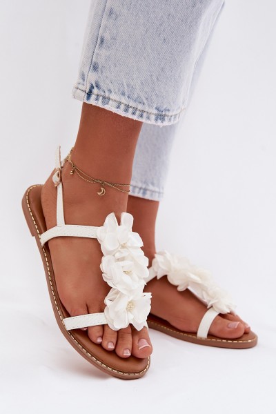 Women's Flat Sandals With Decorative Flowers White Noemia