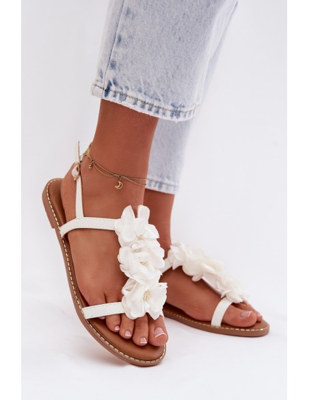 Women's Flat Sandals With Decorative Flowers White Noemia