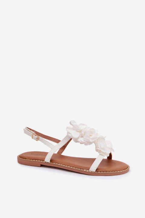 Women's Flat Sandals With Decorative Flowers White Noemia