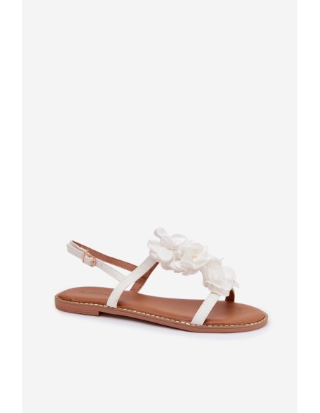 Women's Flat Sandals With Decorative Flowers White Noemia