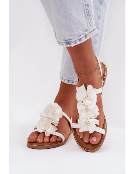 Women's Flat Sandals With Decorative Flowers White Noemia